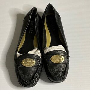 Lauren Ralph Lauren Black Leather Slip-On Loafers with Gold Plaque